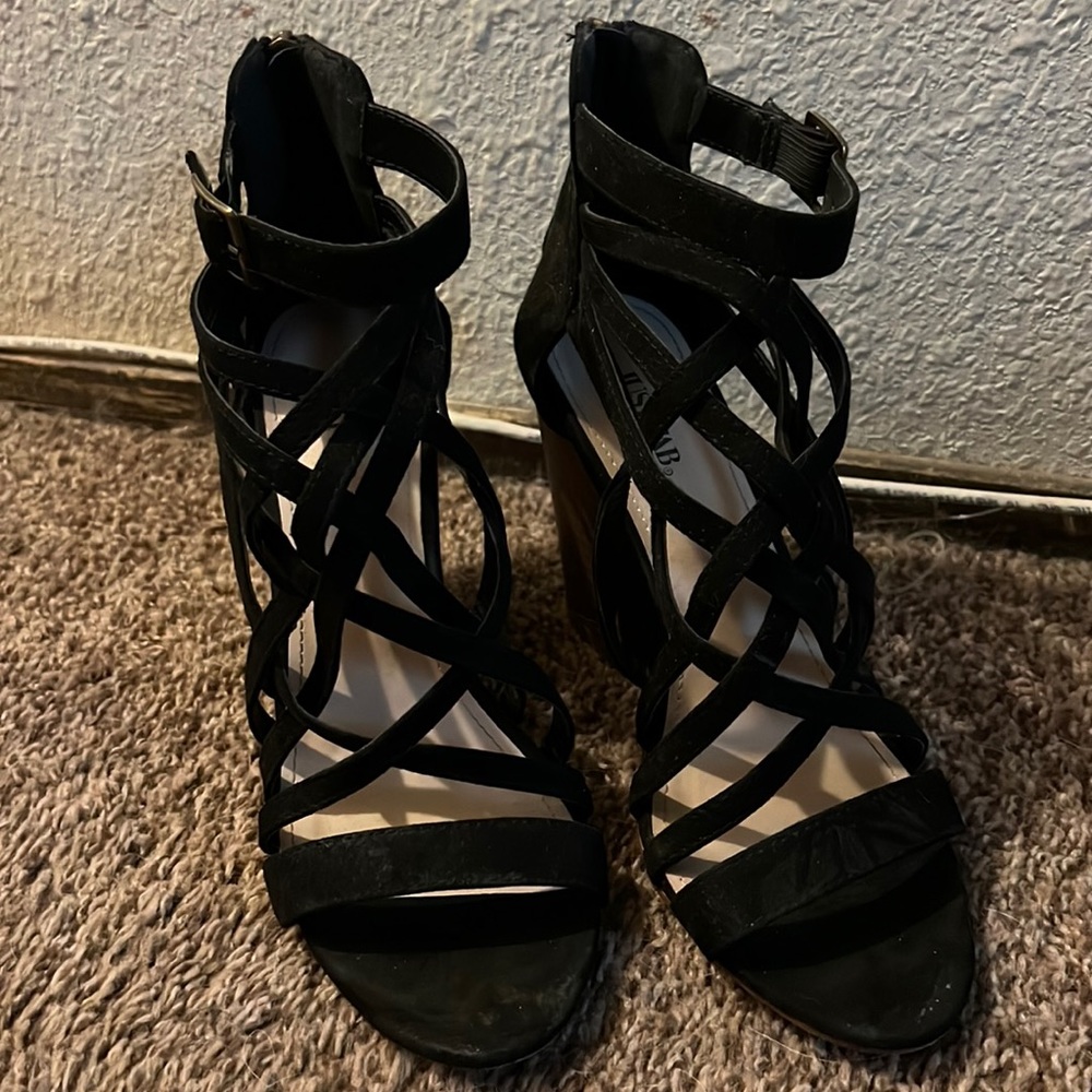 Size 8.5 strappy heel, Just Fab, Zipper on back with wooden block heel.